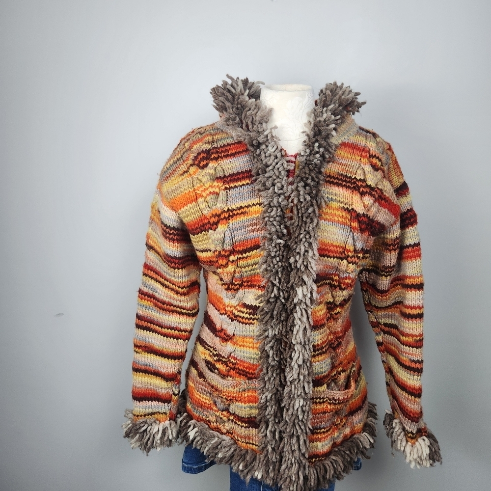 Handknit Wool Hooded Sweater Jacket Fringe Trim Phoebe Buffay Style Vibes Size M - Picture 4 of 13